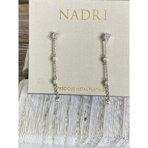 NADRI Cubic Zirconia & Imitation Pearl Linear Drop Earrings Silvertone NEW CARD